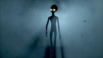 3D rendering animation. Scary gray alien walks and looks blinking on a dark smoky background. UFO futuristic concept. video