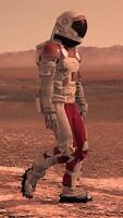 3d rendering. Astronaut walks on Mars red desert landscape. Space exploration mission concept with rocky terrain and mountains under orange sky atmosphere. video