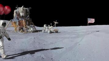 3d rendering. Astronaut walking on the moon with red balloons. Birthday celebration. video