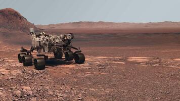3d rendering animation. Mars rover deploys its equipment on the backdrop of a true Martian landscape. Exploring Mission To Mars. video