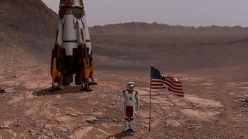 3d rendering. Astronaut saluting the American flag. Exploring Mission To Mars. Futuristic Colonization and Space Exploration Concept. video