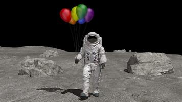3d rendering. Astronaut walking on the moon with colorful balloons. Birthday celebration on the moon. LGBT colors. video