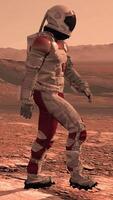 3d rendering. Astronaut in white space suit walking on Mars red desert landscape. Space exploration mission concept with rocky terrain and mountains under orange sky atmosphere. video