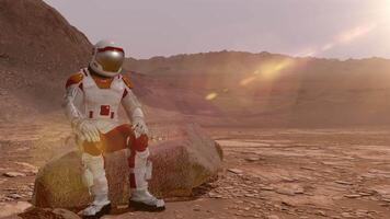 3d rendering. Astronaut sitting on Mars and admiring the scenery. Exploring Mission To Mars. Futuristic Colonization and Space Exploration Concept. video