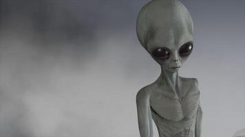 3D rendering. Scary gray alien stands and looks blinking on a dark smoky background. Threatening gesture. UFO futuristic concept. video