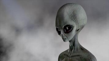 3D rendering aniation. Portrait of Scary gray alien stands and looks blinking on a dark. UFO futuristic concept. video