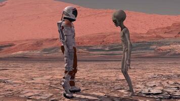 3d weergave. astronaut voldoet aan een Mars Aan Mars. eerste contact. buitenaards wezen Aan Mars. verkennen missie naar Mars. kolonisatie concept. video