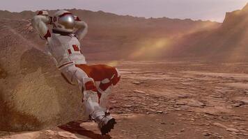 3d rendering. Astronaut sitting on Mars and admiring the scenery. Exploring Mission To Mars. Futuristic Colonization and Space Exploration Concept. Colony on Mars. video