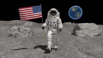 3d rendering. Astronaut walking on the moon with American flag. video