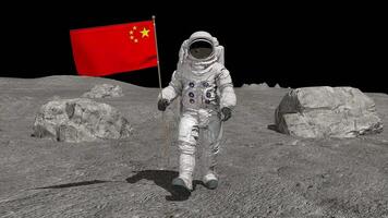 3d rendering. Astronaut walking on the moon with Chinese flag. video