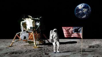 3D rendering. Astronaut on the moon saluting American flag. video