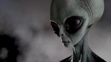 3D rendering. Portrait of Scary gray alien stands and looks blinking on a dark smoky background. video
