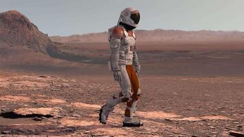 3d rendering. Astronaut in white space suit walking on Mars red desert landscape. Space exploration mission concept with rocky terrain and mountains under orange atmosphere. video