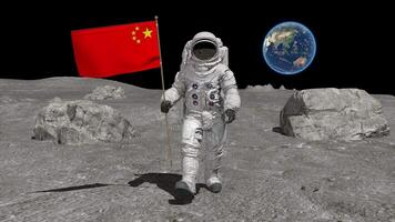 3d rendering. Astronaut walk on the moon with Chinese flag. video