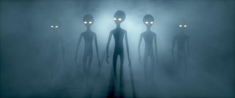 3D rendering. Five Scary gray aliens walks and looks blinking on a dark smoky background. UFO futuristic concept. video