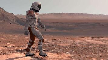 3d rendering. Astronaut in white space suit walking on Mars red desert landscape. Space exploration mission concept with rocky terrain and mountains under atmosphere. video