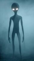 3D rendering aniation. Portrait of Scary gray alien stands and looks blinking on a dark smoky background. UFO futuristic concept. video