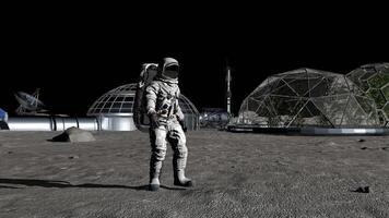 3d tolkning. astronaut gående på de måne i de de koloni av de framtida på de måne. video