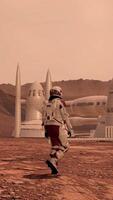 3d rendering. Astronaut wearing space suit walking on the surface of mars. Exploring mission to mars. Futuristic colonization and space exploration. video