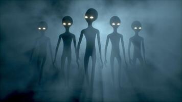 3D rendering. Scary gray aliens walks and looks blinking on a dark smoky background. video