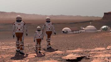 3d rendering. Family colonists immigrants to Mars, a man, a woman and a child admire Martian landscape, the city and the spaceship. Exploring mission to mars. video