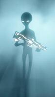 3D rendering animation. Scary gray aliens with weapons in their hands walk into the volumetric light. video