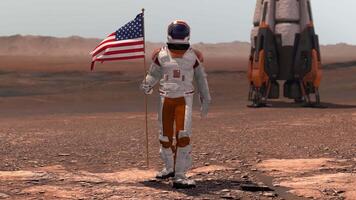 3d render. Astronaut walking on Mars with American flag. Exploring Mission To Mars Red Planet. Futuristic Colonization Space Exploration Concept. video