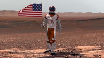 3d render. Astronaut walking on Mars with American flag. Exploring Mission To Mars Red Planet. Futuristic Colonization Space Exploration . video