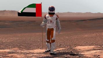 3d render. Astronaut walking on Mars with UAE flag. Exploring Mission To Mars Red Planet. Futuristic Colonization Space Exploration Concept. video