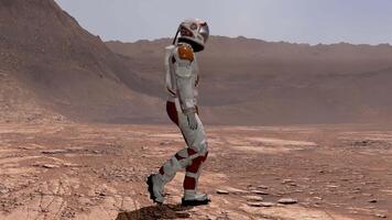 3d rendering. Astronaut wearing space suit walking on the surface of mars. Exploring mission to mars. Futuristic colonization and space exploration concept. video