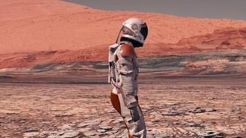 3d rendering. Astronaut walking on Mars red desert landscape. Space exploration mission concept with rocky terrain and mountains under orange sky atmosphere. Exploring mission to mars. video
