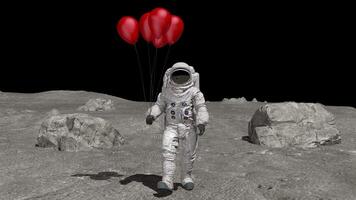 3d rendering. Astronaut walking on the moon with red balloons. Birthday celebration on the moon. video
