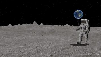 3d rendering Atsronaut with a ball in the shape of the Earth is walking on the moon. video