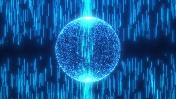 Abstract round sphere of shiny blue magic particles on a dark background, letting energy flow through it. Burning energy sphere. Animation background of an energy ball. Seamless looping video