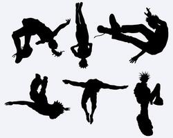 Jump leap pose parkour silhouette street style collection set illustration sticker element print art isolated editable vector