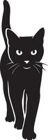 Walking black cat silhouette graceful motion, Feline in stride black white drawing vector