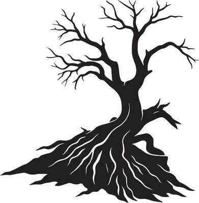 Bare rooted tree silhouette striking style, Leafless tree nature themed black design