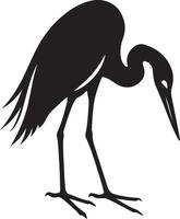 Heron searching for prey silhouette drawing, Wading bird minimal black white art vector