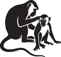Monkeys grooming silhouette affectionate pose, Animal bonding black white vector