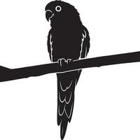 Parrot perched on a branch silhouette design, Tropical bird resting black white artwork vector