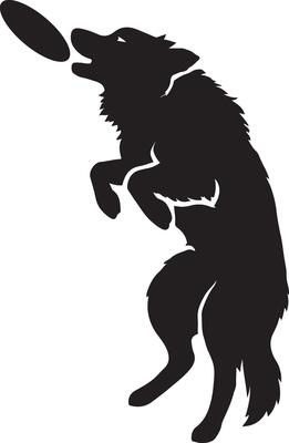 Dog catching disc silhouette action pose, Playful dog mid jump design
