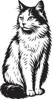 Sitting cat elegant black and white drawing, Calm cat pose for home decor designs vector