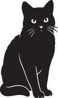 Sitting black cat simple silhouette design, Calm feline illustration black white vector