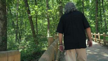 Old Elderly Man Walking in Nature Holding On to Wooden Fence video