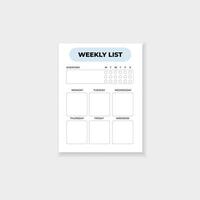 Weekly list planner template with days of the week for efficient organization and planning vector