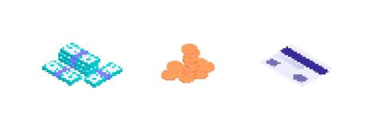 Mosaic pixel icons of money, coins, and card in retro art style vector