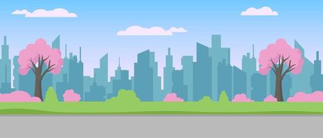 City panoramic view with silhouette of buildings and spring trees in the foreground vector