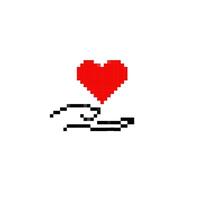 Mosaic pixel heart above open hand in retro style symbolizing care and love vector