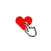 Mosaic pixel heart icon with hand pointer in retro pixel art style vector