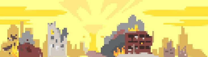 Mosaic pixel art cityscape with burning buildings in retro pixel style vector
